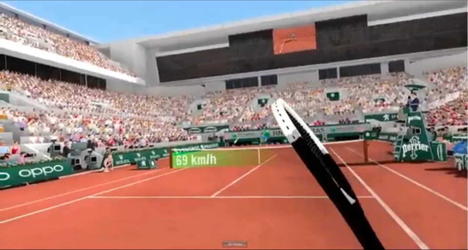 Tennis VR gameplay in a virtual stadium